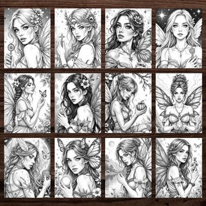 Puede incluir: Una colecci&oacute;n de doce ilustraciones de hadas en blanco y negro. Cada imagen presenta un retrato detallado de un hada con alas, flores y otros elementos caprichosos. Los dibujos son adecuados para colorear o como arte decorativo.