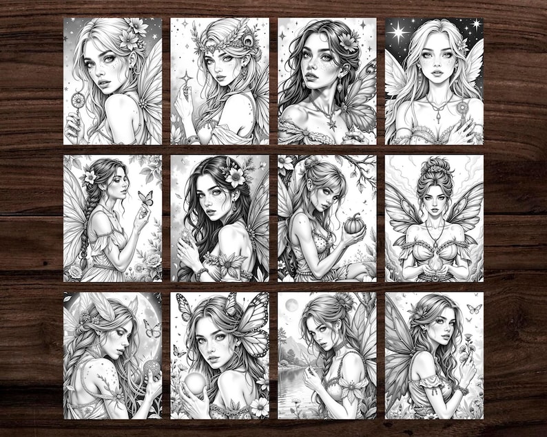 Puede incluir: Una colecci&oacute;n de doce ilustraciones de hadas en blanco y negro. Cada imagen presenta un retrato detallado de un hada con alas, flores y otros elementos caprichosos. Los dibujos son adecuados para colorear o como arte decorativo.