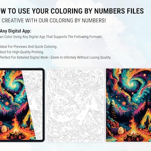 May include: A digital coloring page with a colorful image of a night sky with a swirling galaxy, a campfire, and a tent. The image is shown next to a black and white version of the same image, which is ready to be colored in.