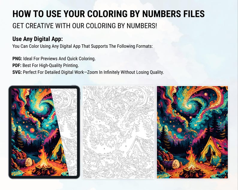 May include: A digital coloring page with a colorful image of a night sky with a swirling galaxy, a campfire, and a tent. The image is shown next to a black and white version of the same image, which is ready to be colored in.