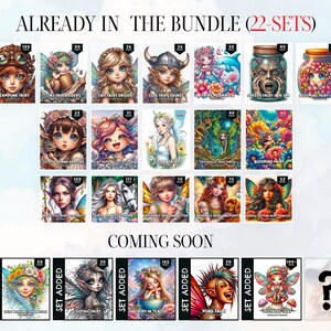 May include: A collage of 22 digital art sets featuring fairies, mythical creatures, and other whimsical designs. The sets are labeled with numbers and titles, such as "Steampunk Fairy", "Blooming Fairy", and "Gothic Fairy". The text "ALREADY IN THE BUNDLE (22-SETS)" is at the top of the image. The text "COMING SOON" is at the bottom of the image.  There are question marks in a box at the bottom right corner of the image.