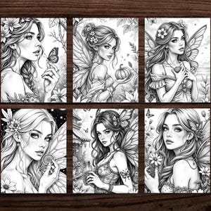 Puede incluir: Seis ilustraciones en blanco y negro de hadas con detalles florales y mariposas. Cada hada tiene alas detalladas, cabello suelto y est&aacute; rodeada de flores y elementos de la naturaleza. Las ilustraciones est&aacute;n sobre un fondo de madera oscura.