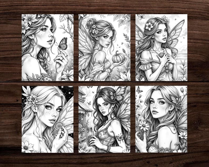Puede incluir: Seis ilustraciones en blanco y negro de hadas con detalles florales y mariposas. Cada hada tiene alas detalladas, cabello suelto y est&aacute; rodeada de flores y elementos de la naturaleza. Las ilustraciones est&aacute;n sobre un fondo de madera oscura.