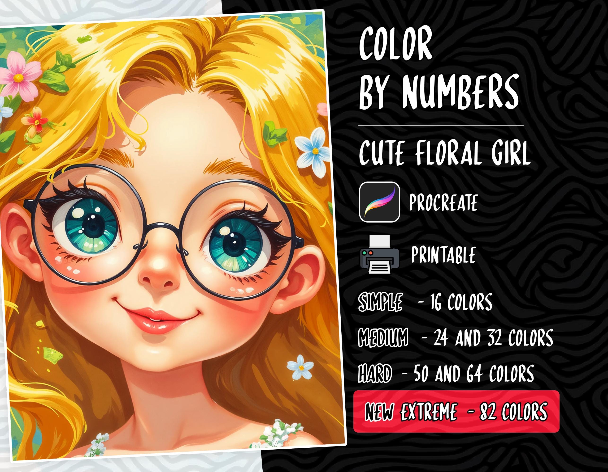 Páginas de Colorear Digital por Números para Procreate e Impresión | Pintar por Números Floral para Aliviar el Estrés