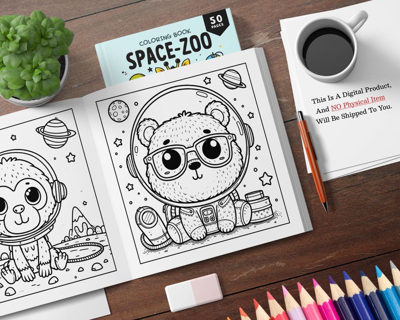 以下が含まれることがあります： 50ページの白黒の塗り絵で、宇宙をテーマにした動物園が描かれています。表紙には、宇宙ヘルメットと眼鏡をかけたかわいいクマが描かれています。表紙のテキストは「塗り絵 Space-Zoo」です。