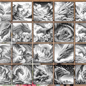 May include: A collection of 20 black and white pencil drawings of dragons in various poses and settings. The dragons are depicted with intricate details, including scales, wings, and claws. Some of the dragons are shown flying, while others are perched on rocks or mountains. The drawings are all framed in a wooden frame.