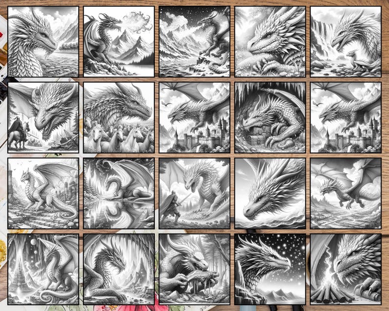 May include: A collection of 20 black and white pencil drawings of dragons in various poses and settings. The dragons are depicted with intricate details, including scales, wings, and claws. Some of the dragons are shown flying, while others are perched on rocks or mountains. The drawings are all framed in a wooden frame.