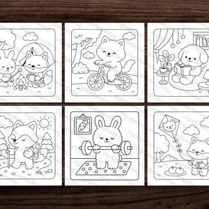 May include: Six black and white coloring pages featuring cute animals in various scenes. A bunny and fox camp, a cat rides a bike, a dog reads, a fox hikes, a bunny lifts weights, and a fox flies a kite.