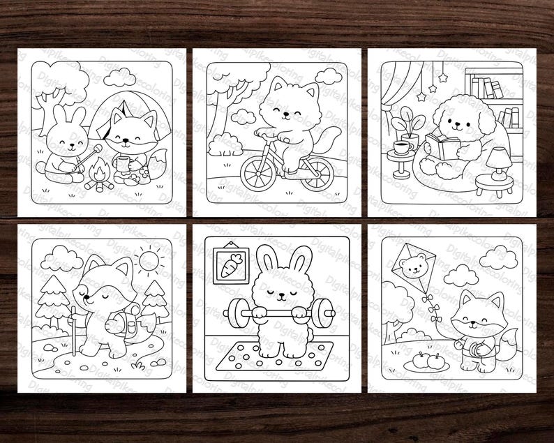 May include: Six black and white coloring pages featuring cute animals in various scenes. A bunny and fox camp, a cat rides a bike, a dog reads, a fox hikes, a bunny lifts weights, and a fox flies a kite.