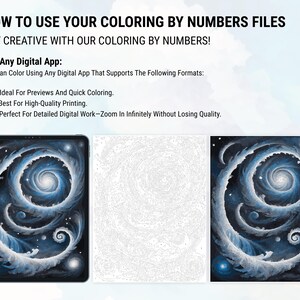 Pu&ograve; includere: Una pagina da colorare digitale con un design a galassia. L'immagine mostra una versione completata della pagina da colorare e una versione vuota con numeri per colorare.