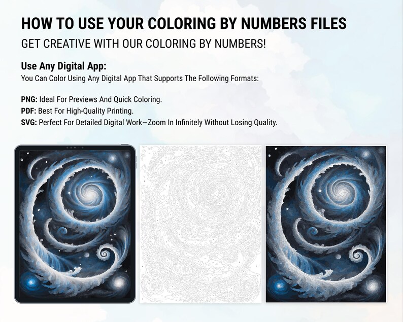 Pu&ograve; includere: Una pagina da colorare digitale con un design a galassia. L'immagine mostra una versione completata della pagina da colorare e una versione vuota con numeri per colorare.