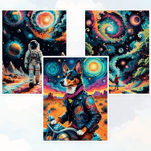 Peut inclure: Trois impressions d'art vibrantes sur des th&egrave;mes cosmiques. L'une montre un astronaute marchant sur une plan&egrave;te color&eacute;e. Une autre repr&eacute;sente une personne regardant des n&eacute;buleuses tourbillonnantes. La troisi&egrave;me pr&eacute;sente un chien en blouson de motard &agrave; moto.
