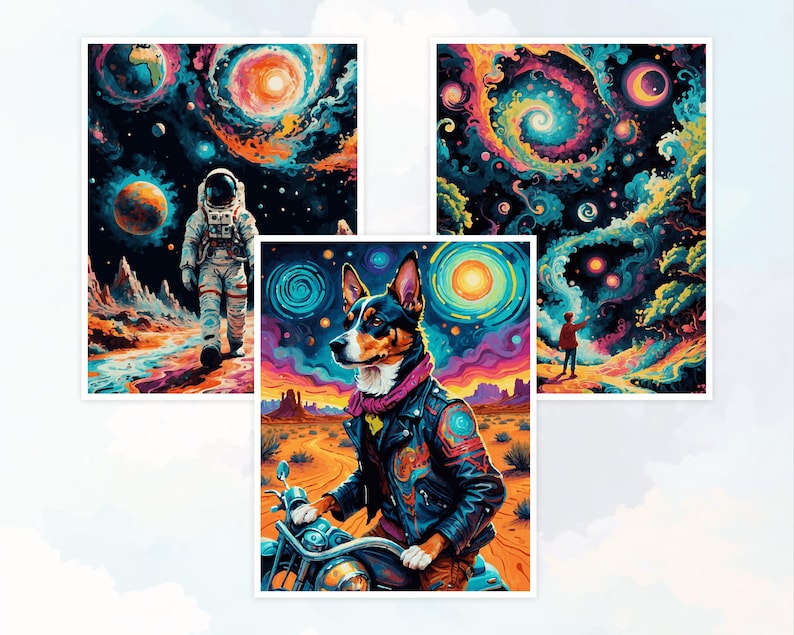 Peut inclure: Trois impressions d'art vibrantes sur des th&egrave;mes cosmiques. L'une montre un astronaute marchant sur une plan&egrave;te color&eacute;e. Une autre repr&eacute;sente une personne regardant des n&eacute;buleuses tourbillonnantes. La troisi&egrave;me pr&eacute;sente un chien en blouson de motard &agrave; moto.