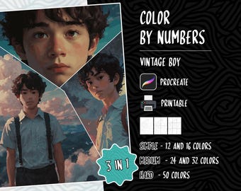 Puede incluir: Página para colorear por números con tres ilustraciones diferentes de niños. El título de la página para colorear es "Vintage Boy". La página para colorear está disponible en tres niveles de dificultad: Simple, Medio y Difícil. La página para colorear es compatible con la aplicación Procreate y es imprimible.
