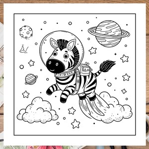 以下が含まれることがあります： 宇宙空間をジェットパックを装着して飛行している、宇宙服を着たシマウマの白黒の線画。シマウマは星、惑星、雲に囲まれている。