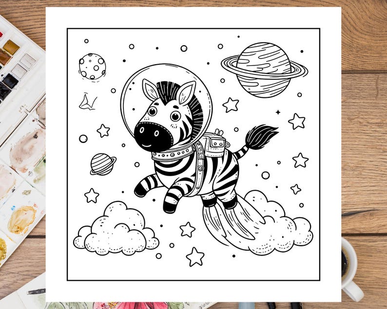 以下が含まれることがあります： 宇宙空間をジェットパックを装着して飛行している、宇宙服を着たシマウマの白黒の線画。シマウマは星、惑星、雲に囲まれている。