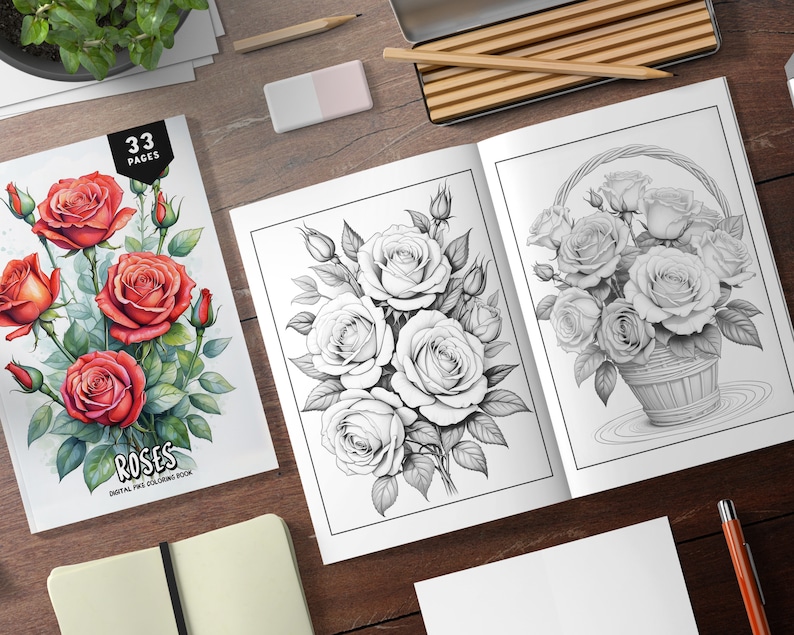 May include: A digital coloring book with 33 pages featuring roses. The cover shows a bouquet of red roses with green leaves. The inside pages show a black and white illustration of roses in a basket.
