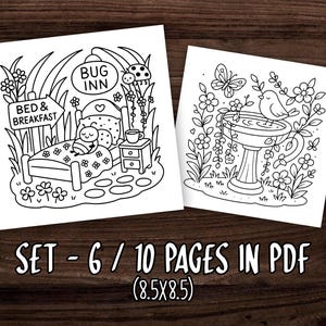 May include: Two black and white line art illustrations on white paper. One depicts a bug in bed at a "Bug Inn" with "Bed & Breakfast" sign. The other shows a bird bath with a bird and flowers. Text reads "SET - 6 / 10 PAGES IN PDF (8.5X8.5)".