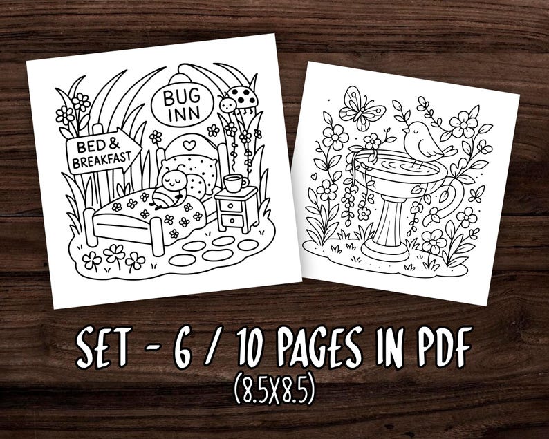 May include: Two black and white line art illustrations on white paper. One depicts a bug in bed at a "Bug Inn" with "Bed & Breakfast" sign. The other shows a bird bath with a bird and flowers. Text reads "SET - 6 / 10 PAGES IN PDF (8.5X8.5)".