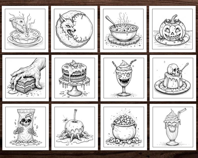 May include: A set of 10 black and white illustrations featuring various Halloween-themed food items, including a pumpkin pie, a cake with teeth, a skull-shaped pudding, and a cauldron of eyeballs.