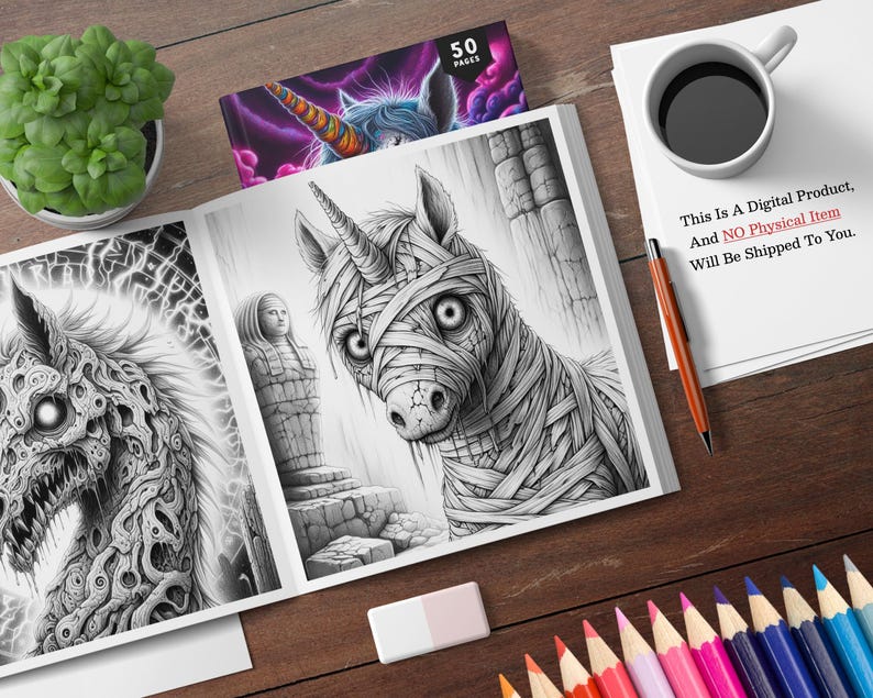May include: A colouring book with 50 pages featuring a black and white illustration of a unicorn with bandages on its head and body. The unicorn is looking at the viewer. The book also features a black and white illustration of a creature with a skull-like head and a body made of intricate patterns. The text "This Is A Digital Product, And NO Physical Item Will Be Shipped To You." is printed on a white sheet of paper.