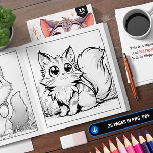 May include: A black and white coloring book featuring cute cartoon cats with large eyes. The book has 25 pages and is available in PNG and PDF formats. The text "This is a Digital Product, And NO Physical Item Will Be Shipped To You." is printed on a white sheet of paper.