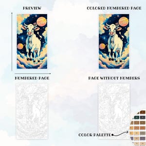 May include: A paint by numbers kit featuring a white cow standing on clouds in a galaxy setting. The kit includes a numbered page, a page without numbers, and a color palette.
