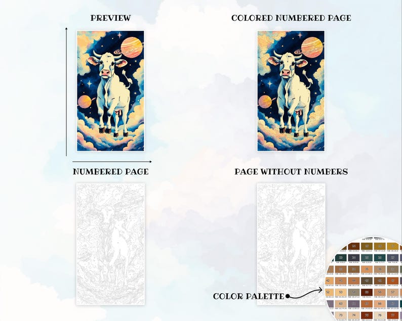 May include: A paint by numbers kit featuring a white cow standing on clouds in a galaxy setting. The kit includes a numbered page, a page without numbers, and a color palette.