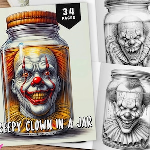 34 Creepy Clown in a Jar Coloring Pages, Creepy Coloring, Coloring Sheets, Creepy Coloring, Halloween Coloring Book, Monster Jar Coloring