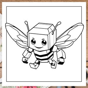 K&ouml;nnte beinhalten: Eine Schwarzwei&szlig;-Zeichnung eines Cartoon-Bienenroboters mit gro&szlig;en Augen und einem quadratischen K&ouml;rper. Der Bienenroboter hat Fl&uuml;gel und einen gestreiften Bauch.