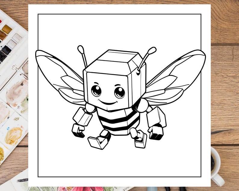 K&ouml;nnte beinhalten: Eine Schwarzwei&szlig;-Zeichnung eines Cartoon-Bienenroboters mit gro&szlig;en Augen und einem quadratischen K&ouml;rper. Der Bienenroboter hat Fl&uuml;gel und einen gestreiften Bauch.