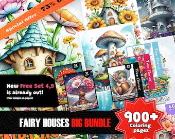 900+ Fairy House Coloring Book, Coloring Bundle, Coloring Sheets, Fantasy Coloring, Grayscale Coloring for Adults, Instant Download