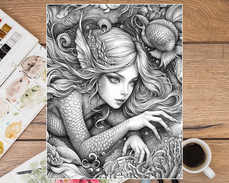 Puede incluir: Ilustraci&oacute;n en blanco y negro de una sirena con largo cabello suelto y escamas, rodeada de peces y plantas acu&aacute;ticas. La obra de arte detallada representa una escena submarina. Una taza de caf&eacute; y una paleta de acuarelas est&aacute;n en el fondo.
