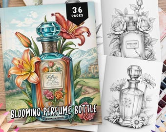 36 Blooming Perfume Bottle Coloring Book, Flowers Coloring Pages, Printable PDF, Floral Bottle Coloring, Coloring Sheets, Instant Download