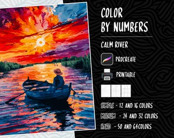 May include: Color by numbers painting of a calm river scene with a person in a boat at sunset. The painting is titled "Calm River" and is available in Procreate and printable formats. The painting is available in three difficulty levels: Simple (12 and 16 colors), Medium (24 and 32 colors), and Hard (50 and 64 colors).