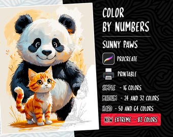 Color by Numbers, Paint by Numbers, Digital Coloring Pages, Procreate Coloring, Stress Relief Coloring, Coloring, Panda Kitty Coloring