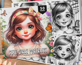 Livre de coloriage 50 jolies filles, pages à colorier en niveaux de gris, feuilles à colorier, adorable fille à colorier, livre de coloriage pour filles, coloriage mignon