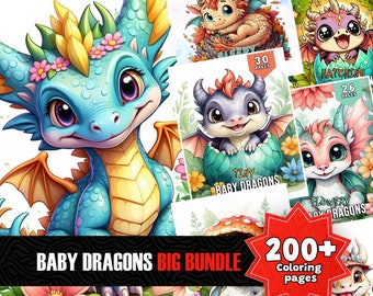 200+ Baby Drachen Malseiten für Erwachsene und Kinder, Bundle Malseiten, Graustufen Malseiten, druckbare PDF, Fantasy Färbung