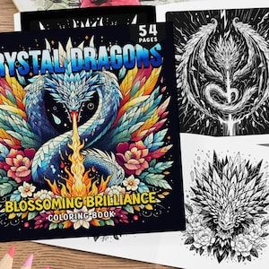 54 Crystal Dragon Coloring Book, Coloring Sheets, Fantasy Dragons Coloring Pages, Flowers and Dragons Coloring, Black Background Coloring
