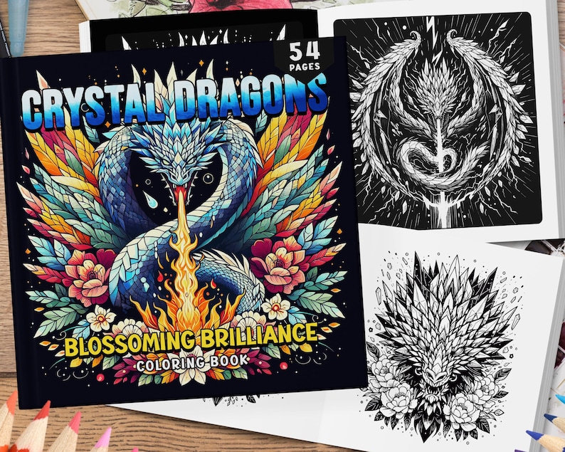 54 Crystal Dragon Coloring Book, Coloring Sheets, Fantasy Dragons Coloring Pages, Flowers and Dragons Coloring, Black Background Coloring