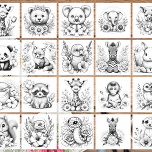 K&ouml;nnte beinhalten: Ein Set mit 20 Schwarzwei&szlig;illustrationen verschiedener Tiere, umgeben von Blumen. Die Tiere umfassen eine Giraffe, einen B&auml;ren, einen Koala, einen Elefanten, ein Reh, einen Panda, einen Fuchs, einen Papagei, ein Zebra, ein Kaninchen, einen Delfin, einen Waschb&auml;r, einen Affen, eine Eule, ein Eichh&ouml;rnchen, eine Eidechse, eine Schlange und ein Erdm&auml;nnchen.