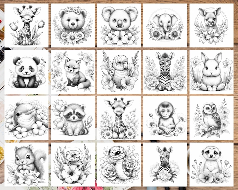 K&ouml;nnte beinhalten: Ein Set mit 20 Schwarzwei&szlig;illustrationen verschiedener Tiere, umgeben von Blumen. Die Tiere umfassen eine Giraffe, einen B&auml;ren, einen Koala, einen Elefanten, ein Reh, einen Panda, einen Fuchs, einen Papagei, ein Zebra, ein Kaninchen, einen Delfin, einen Waschb&auml;r, einen Affen, eine Eule, ein Eichh&ouml;rnchen, eine Eidechse, eine Schlange und ein Erdm&auml;nnchen.