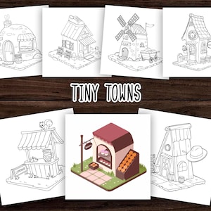 May include: Black and white line art illustrations of various shops and buildings in a tiny town. The illustrations include a bakery, a lemonade stand, a windmill, a clock tower, and a house with a hat on top. The illustrations are perfect for coloring.