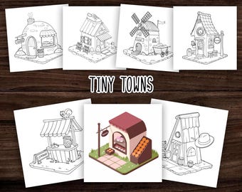 May include: Black and white line art illustrations of various shops and buildings in a tiny town. The illustrations include a bakery, a lemonade stand, a windmill, a clock tower, and a house with a hat on top. The illustrations are perfect for coloring.