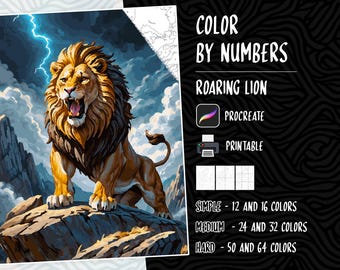 May include: Color by numbers painting of a roaring lion with lightning in the background. The painting is available in simple, medium, and hard difficulty levels with different color counts. The painting is printable and can be used with the Procreate app.