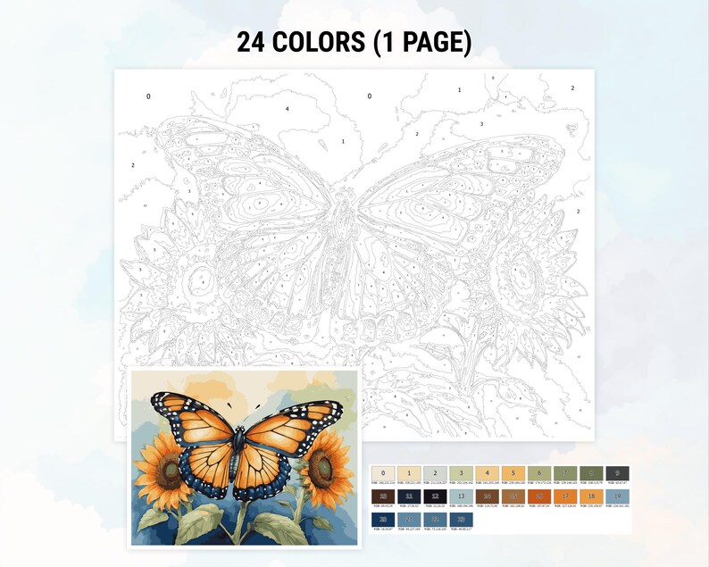 Butterfly Coloring Color by Numbers Digital Coloring Paint by Numbers Procreate Coloring Book iPad Coloring Page Floral Butterfly Coloring