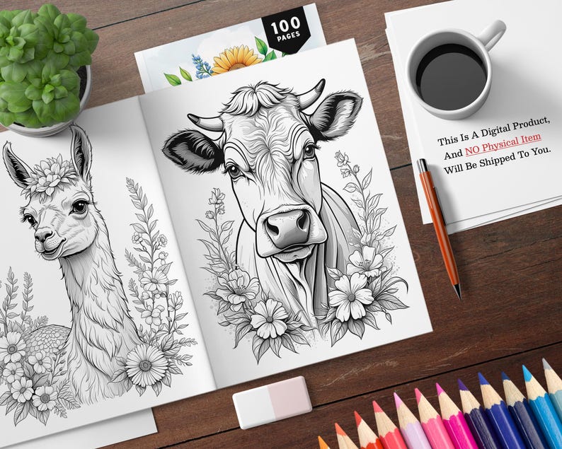 100 Animal in Flowers Coloring Book for Adult, Grayscale Coloring Pages ...