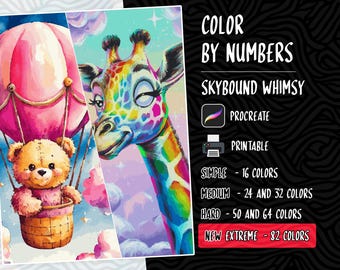 Puede incluir: Kit de pintura por números con un globo aerostático con un osito de peluche y una jirafa. El kit está disponible en diferentes niveles de dificultad: simple, medio, difícil y extremo. El kit es imprimible y compatible con Procreate.