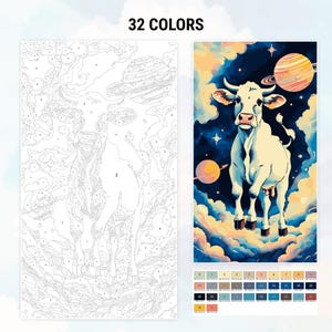May include: A paint-by-numbers kit featuring a white cow with a pink nose and hooves standing in a field of clouds with planets in the background. The kit includes 32 colors.