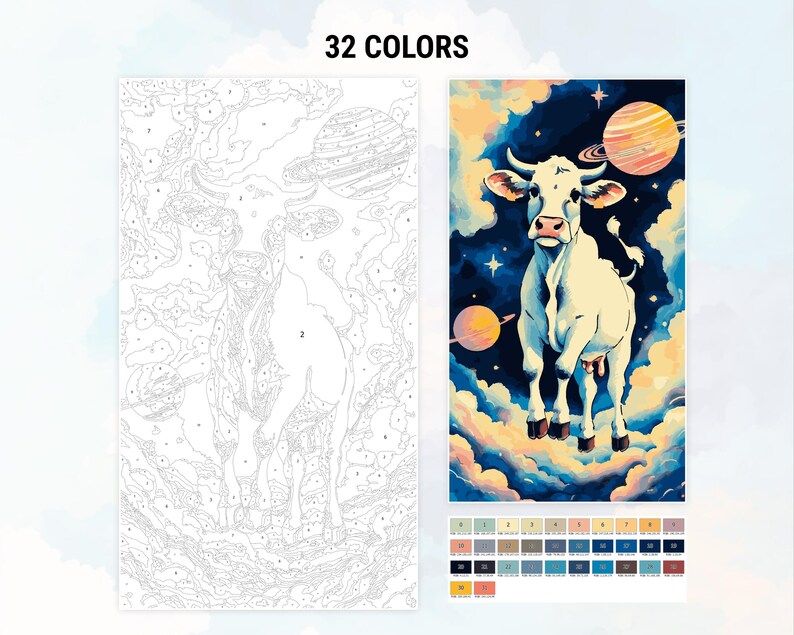 May include: A paint-by-numbers kit featuring a white cow with a pink nose and hooves standing in a field of clouds with planets in the background. The kit includes 32 colors.